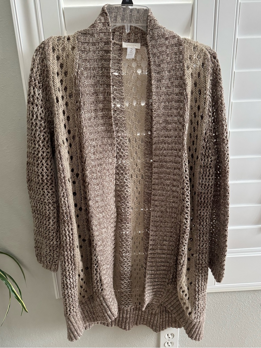 Chico’s Women’s size 2 Large Knit Sweater Duster Cardigan Beige / Tan Layering